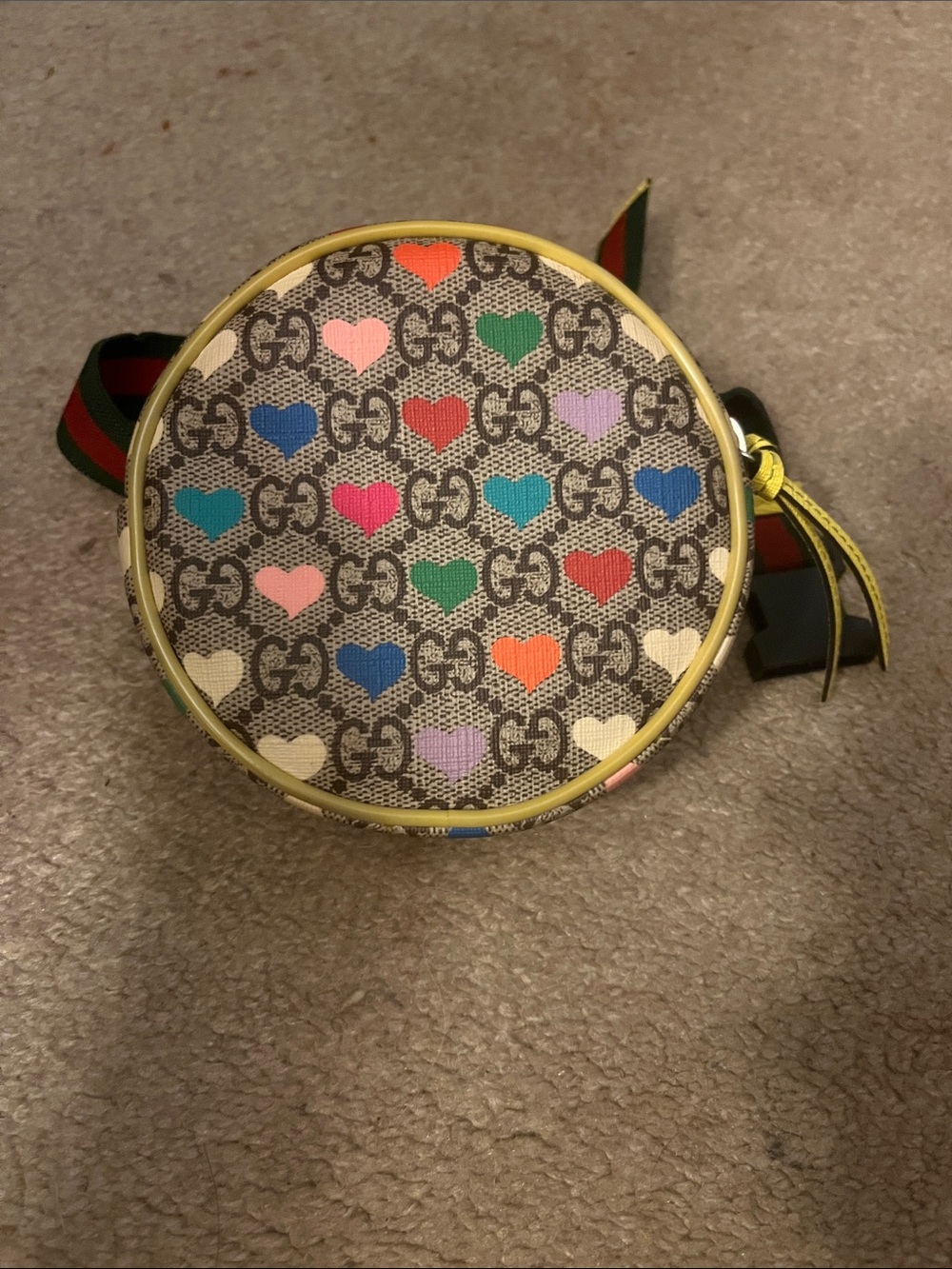 Authentic Gucci Multicolor Heart GG Canvas Round Crossbody Bag